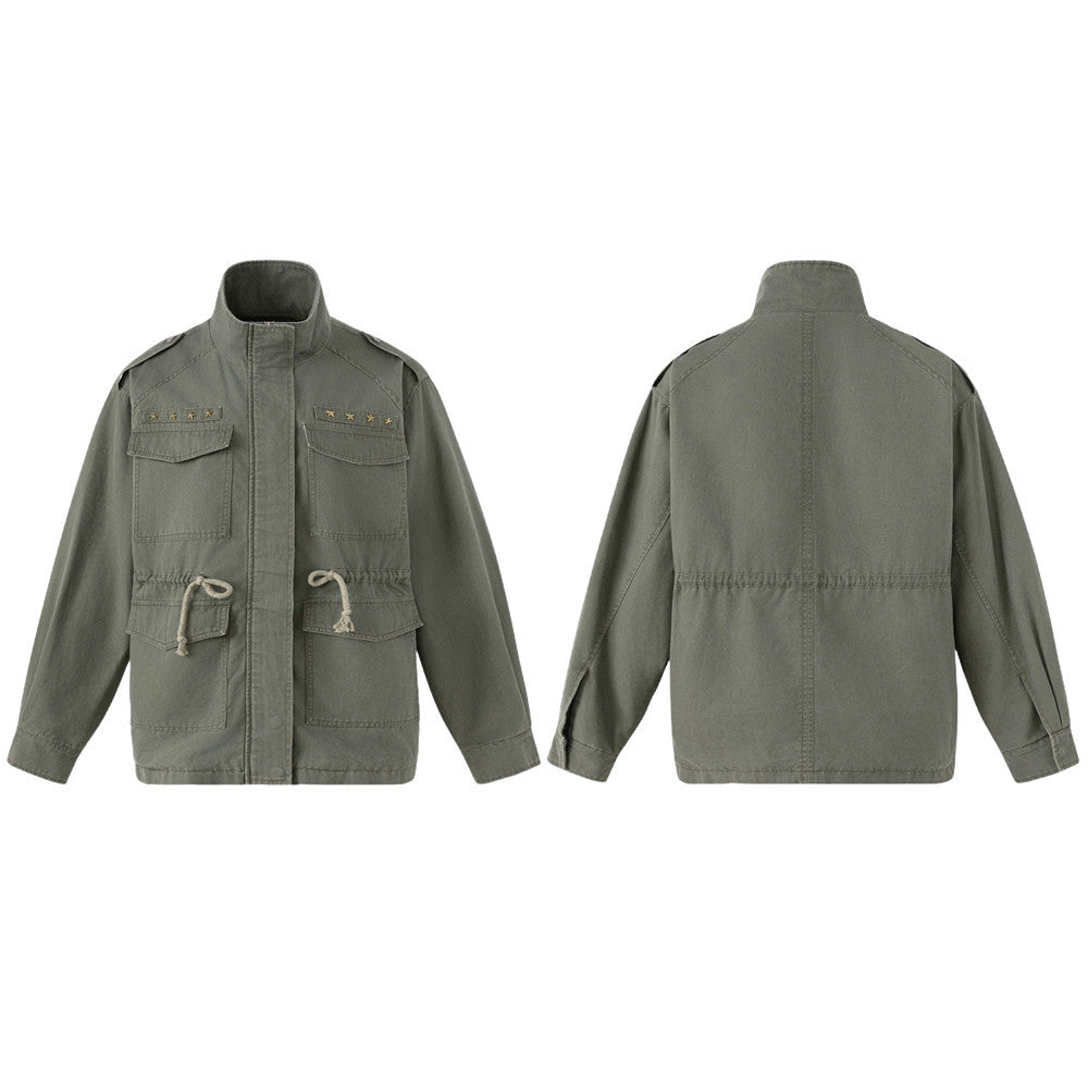 Men's Olive Military Field Jacket – Star Studs, Multi-Pocket, Drawstring Waist