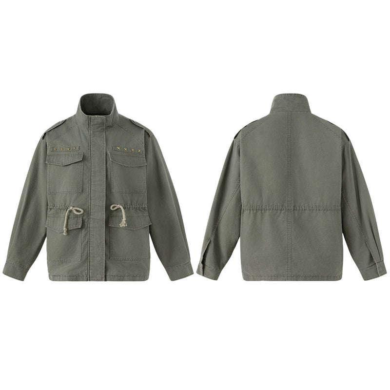 Men's Olive Military Field Jacket – Star Studs, Multi-Pocket, Drawstring Waist