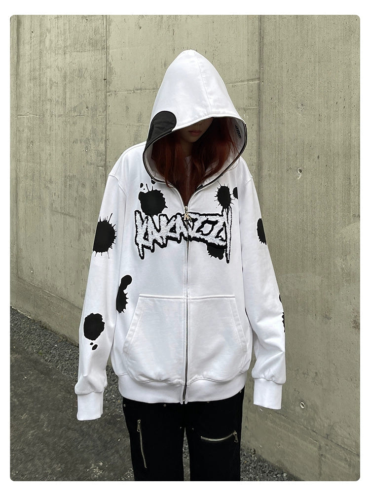 Monochrome Ink Splatter Hoodie - 400GSM Oversized White and Black Zip-Up Streetwear Sweatshirt