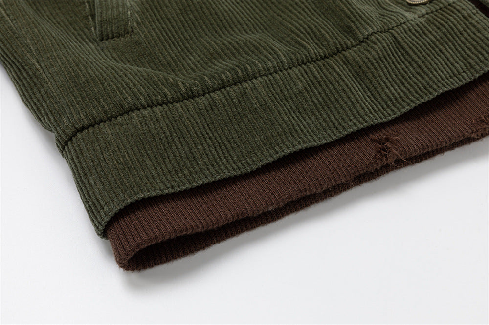Men's Army Green Corduroy Jacket with Metal Buttons & Layered Hem Detail