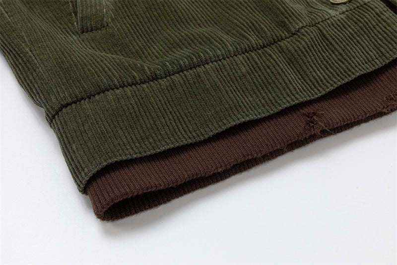 Men's Army Green Corduroy Jacket with Metal Buttons & Layered Hem Detail