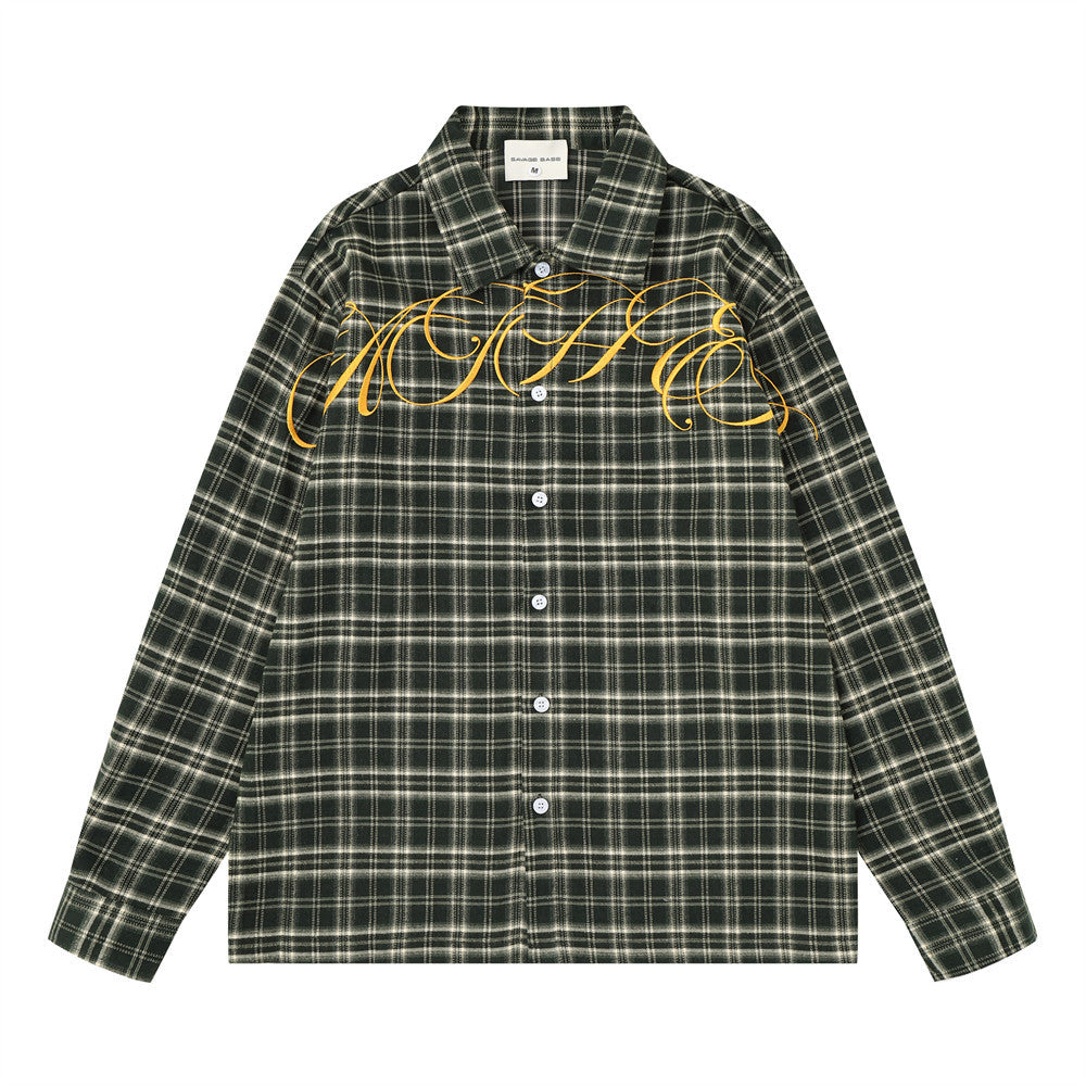Men's oversized long sleeve plaid shirt with cursive script embroidery on chest, shown in black, red, and dark green colorway