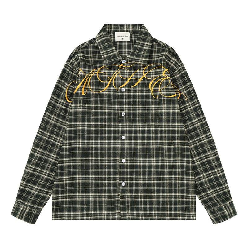 Men's oversized long sleeve plaid shirt with cursive script embroidery on chest, shown in black, red, and dark green colorway