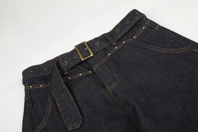 Oversized Barrel Leg Jeans with Belt, Studded Waist & Rhinestone Cuffed Hem