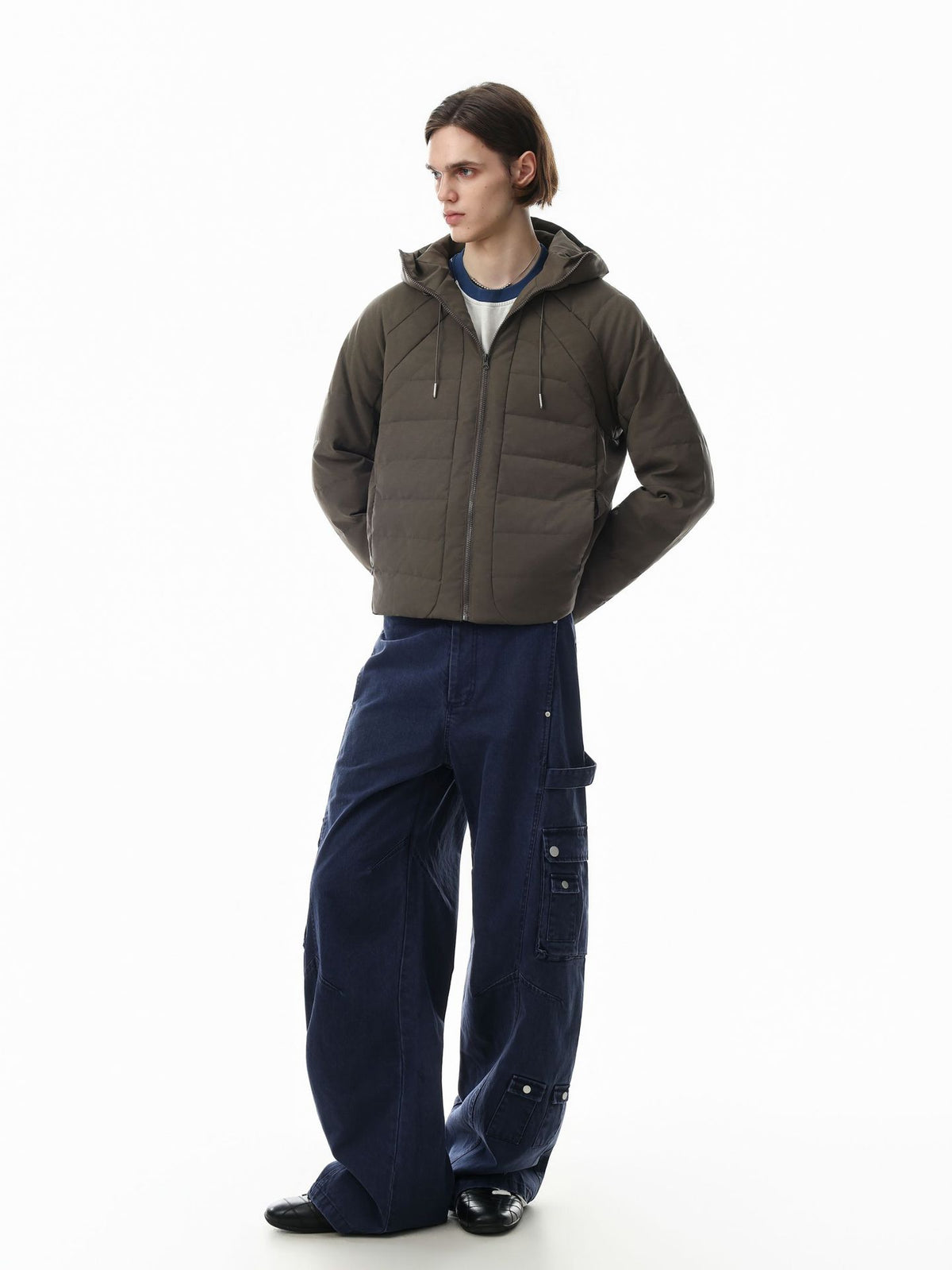 Hooded Quilted Puffer Jacket – Ribbed Panel Down Coat in Olive & Black