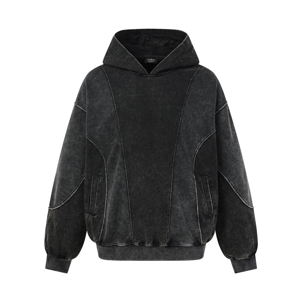 Sweat à capuche oversize à enfiler, délavage acidulé, coutures d'empiècements courbes et doubles poches avant, noir délavé