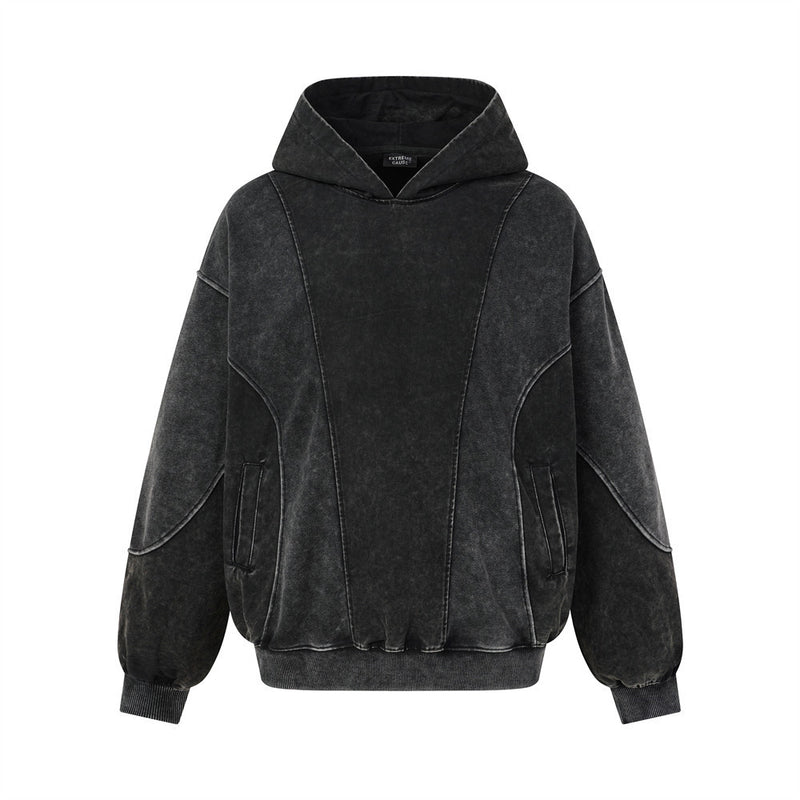 Sweat à capuche oversize à enfiler, délavage acidulé, coutures d'empiècements courbes et doubles poches avant, noir délavé