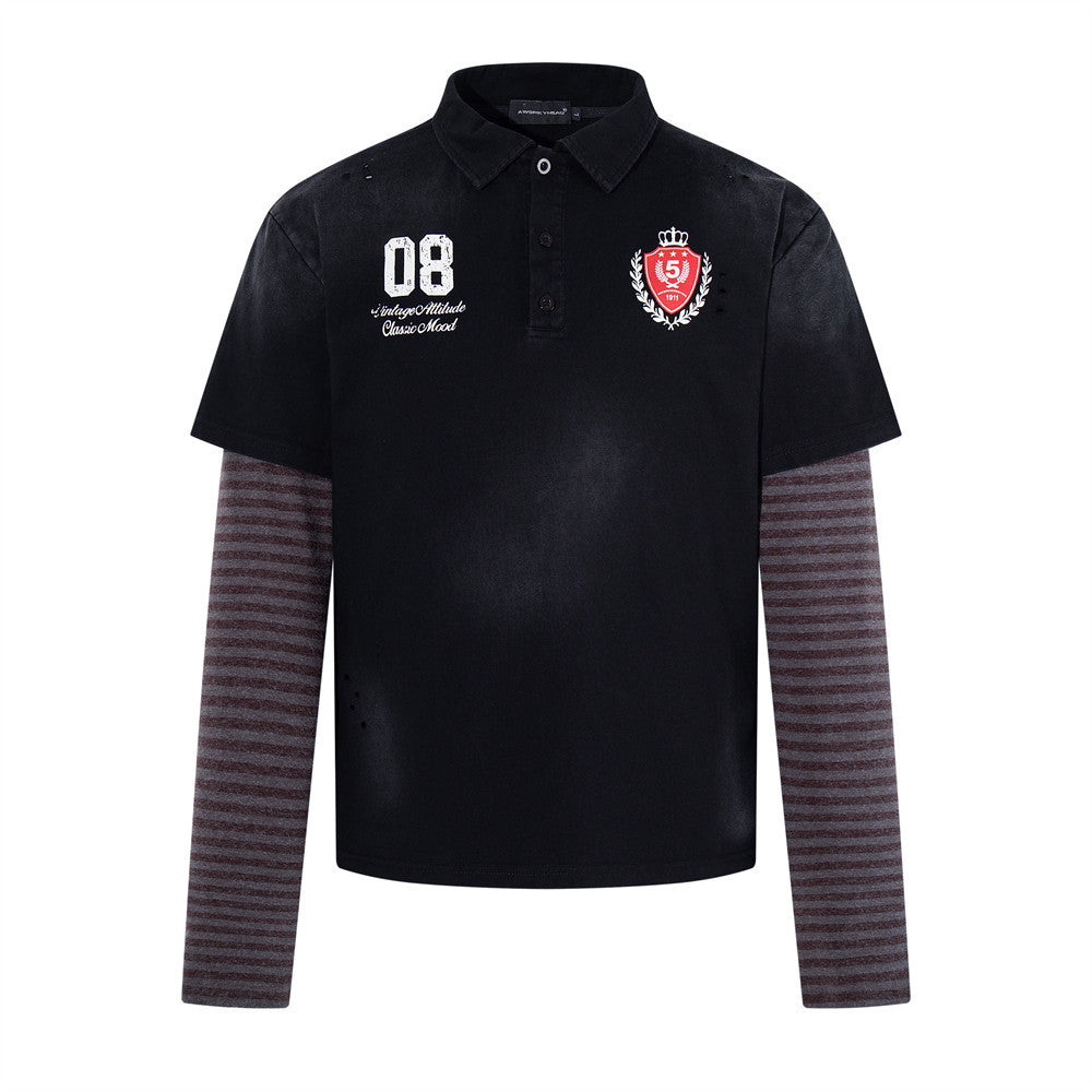 Men's black faux two-piece polo shirt with grey striped long sleeves, distressed finish, embroidered crest badge and 08 numbe