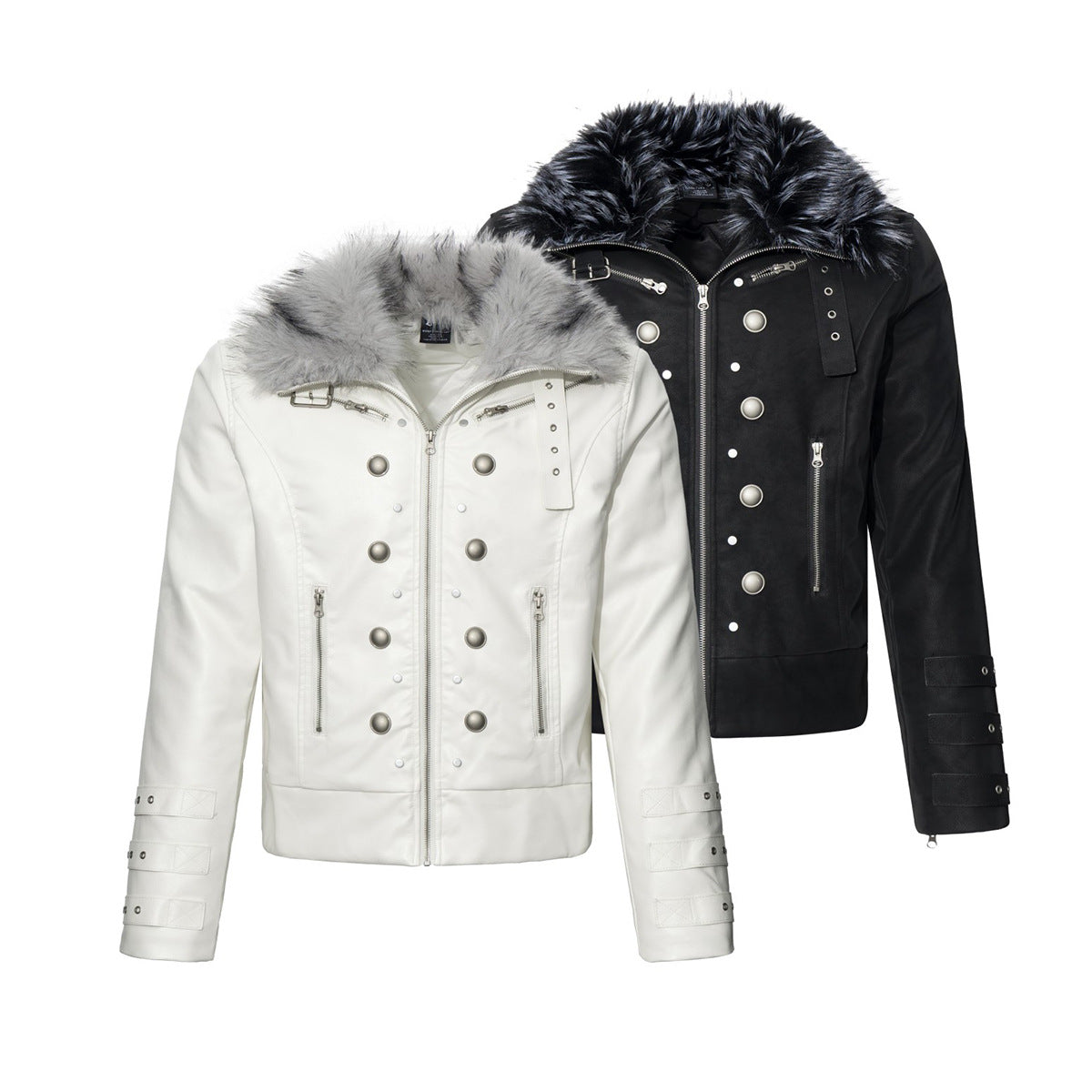 Faux fur collar military double-button padded moto jacket in off-white and black with silver dome buttons and buckle cuffs