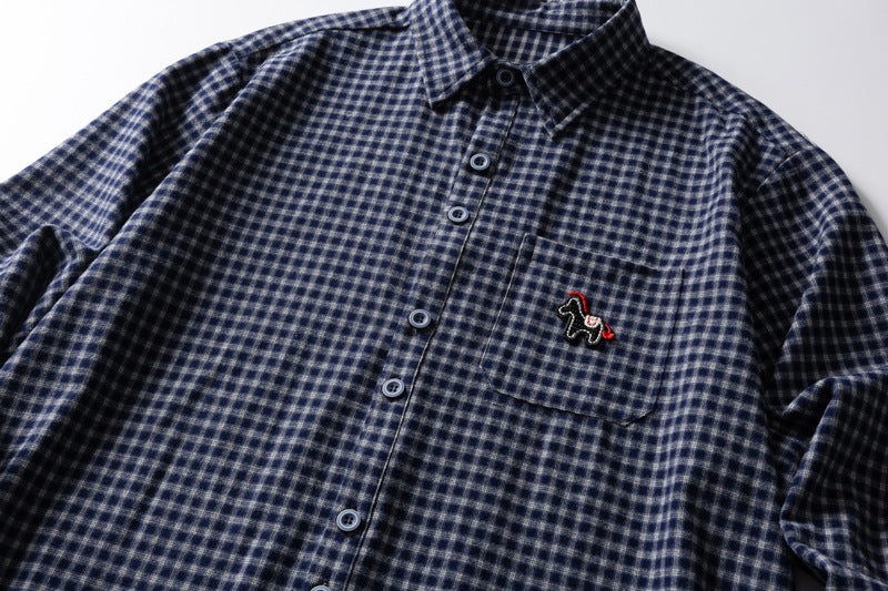 Men's Plaid Flannel Oversized Button-Down Shirt with Embroidered Pocket Patch