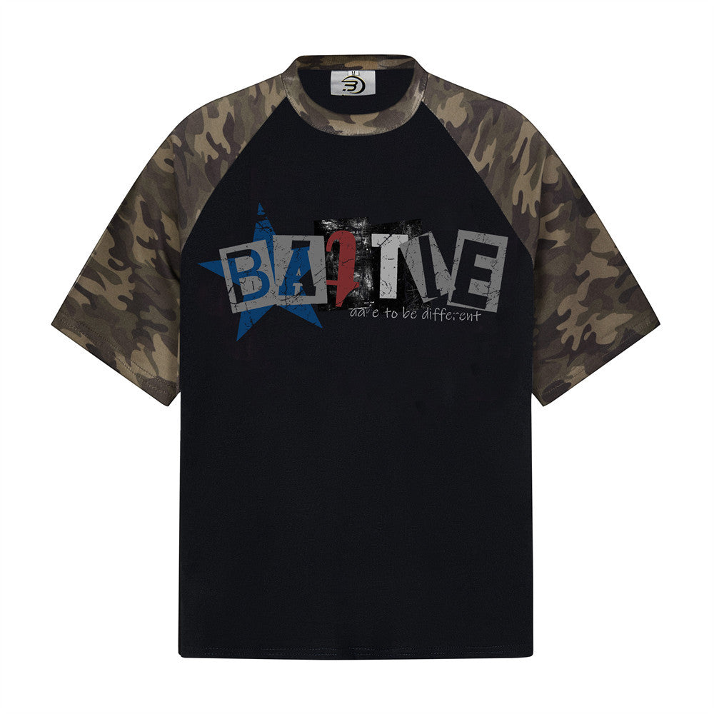 BATTLE Graphic Camo Raglan Sleeve Color Block T-Shirt