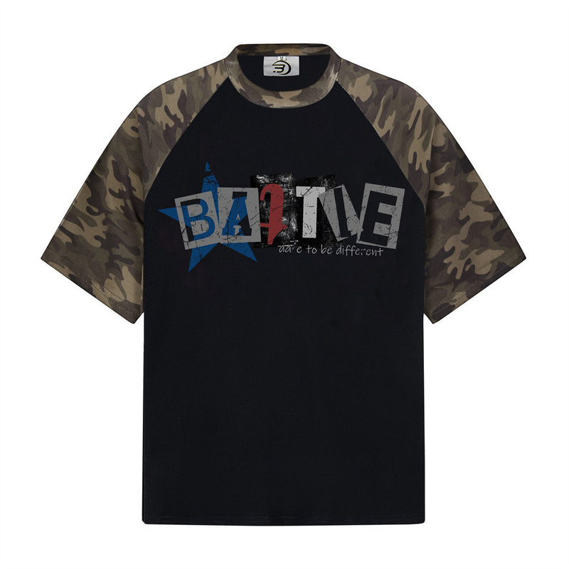 BATTLE Graphic Camo Raglan Sleeve Color Block T-Shirt