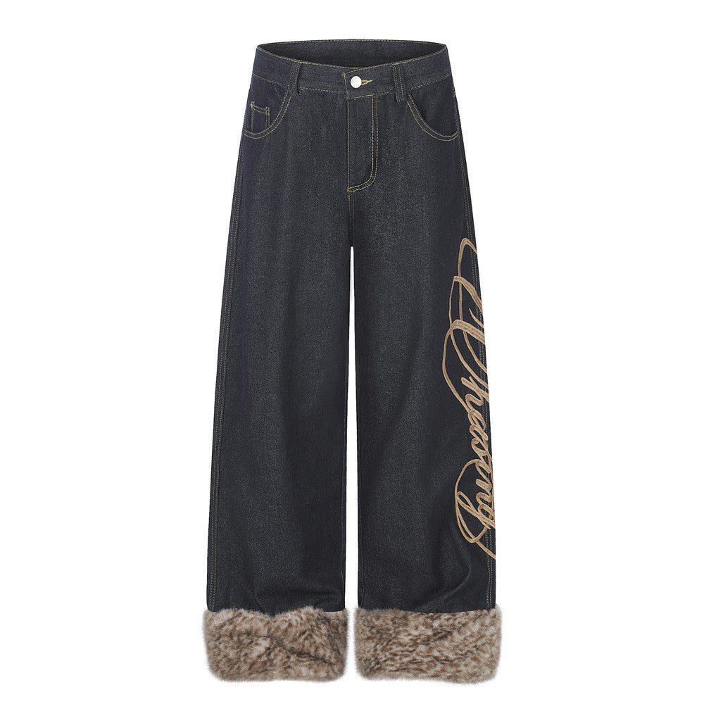 Wide-Leg Jeans Men – Dark Wash Denim with Script Embroidery & Faux Fur Cuffs