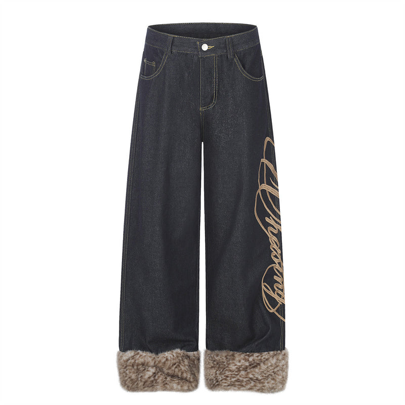 Wide-Leg Jeans Men – Dark Wash Denim with Script Embroidery & Faux Fur Cuffs