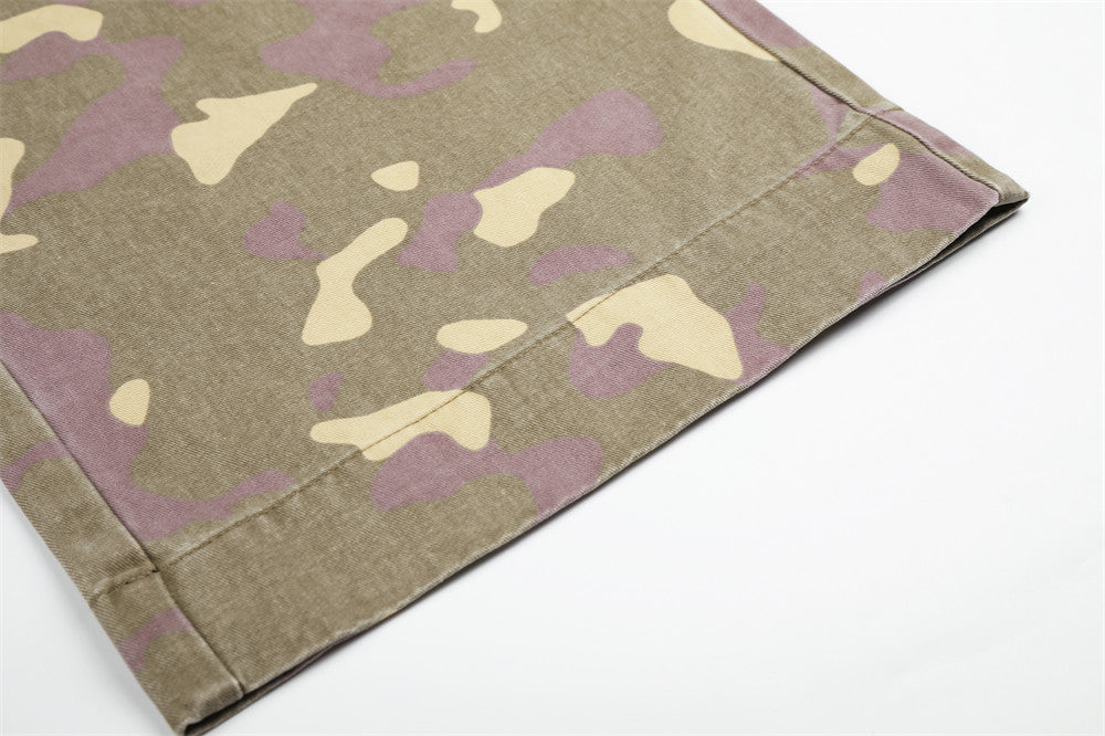 Camo Cargo Wide-Leg Pants – Vintage Washed, Multi-Pocket, Drawstring Waist