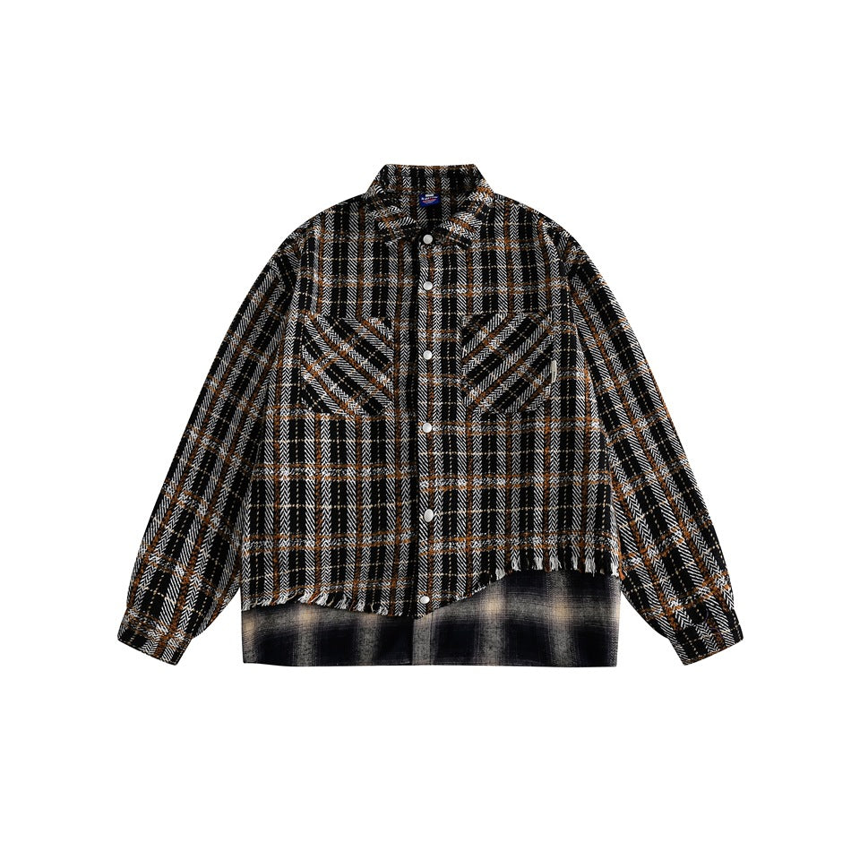 Vintage Plaid Patchwork Fringe Jacket – Oversized Unisex Overshirt