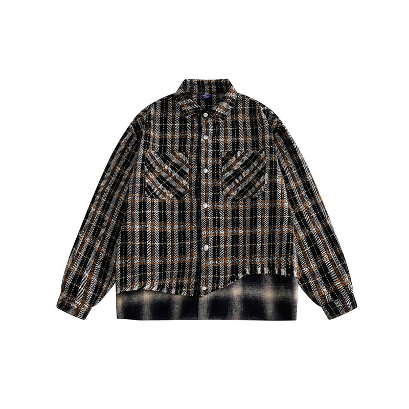 Vintage Plaid Patchwork Fringe Jacket – Oversized Unisex Overshirt