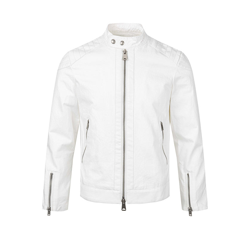 Men's Moto Biker Jacket with Leather Trim, Stand Collar & Zip Detail