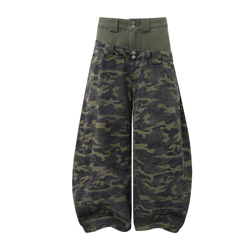 Camo Wide-Leg Balloon Pants – High-Waist Layered Faux Two-Piece with Cross Patch