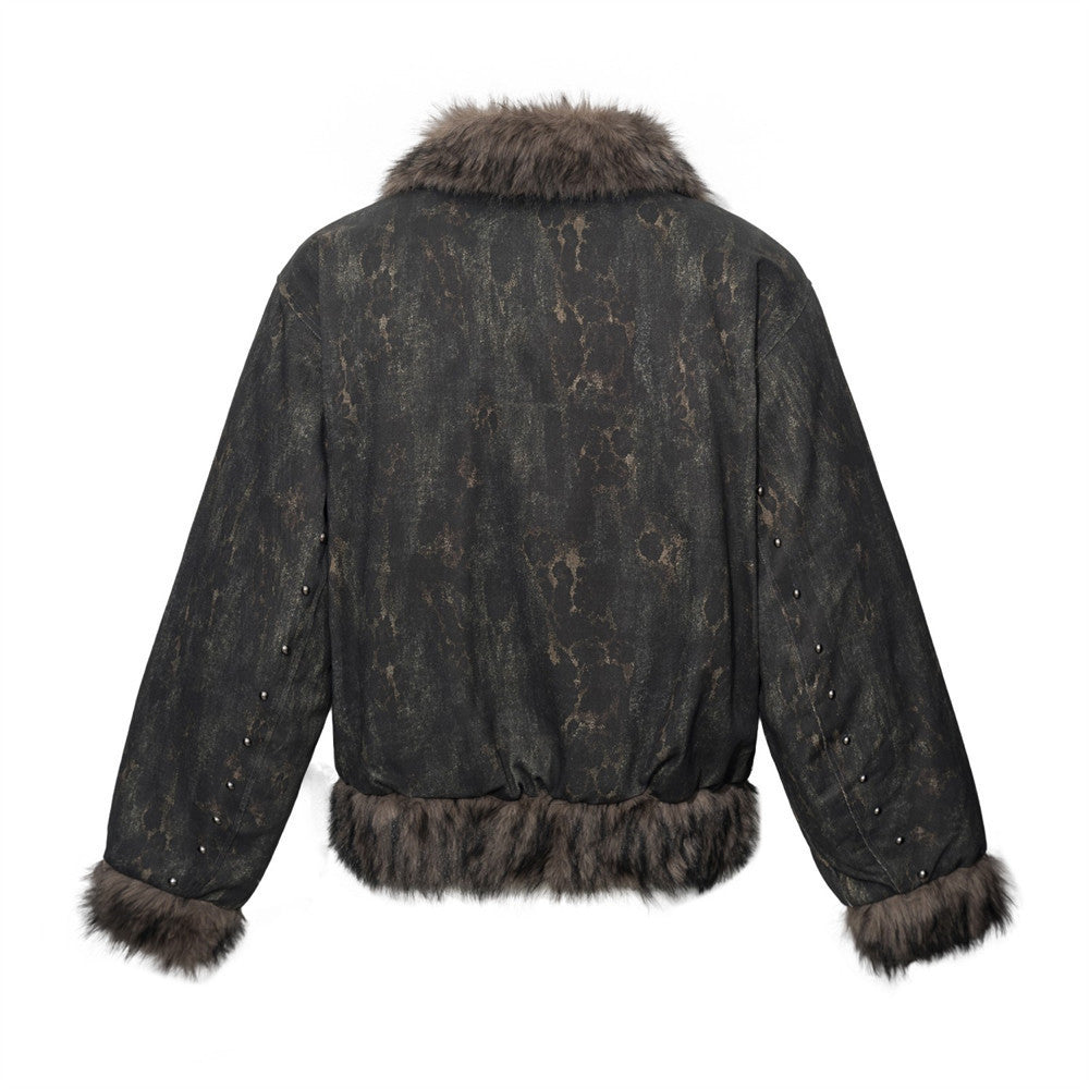 Men's Punk Bomber Jacket with Faux Fur Trim, Distressed Camo Print &