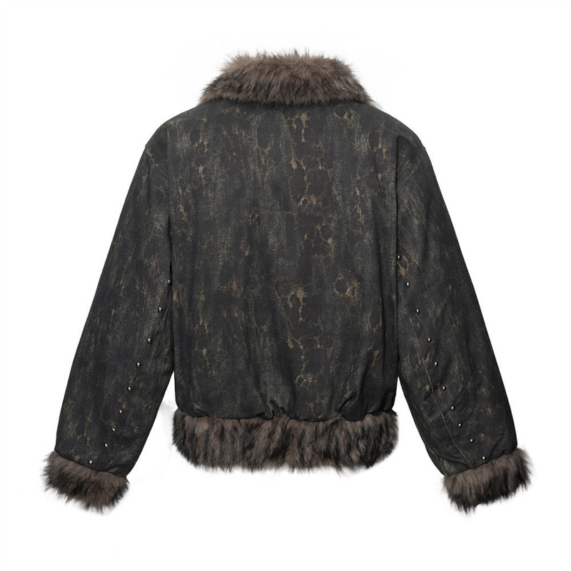 Men's Punk Bomber Jacket with Faux Fur Trim, Distressed Camo Print &