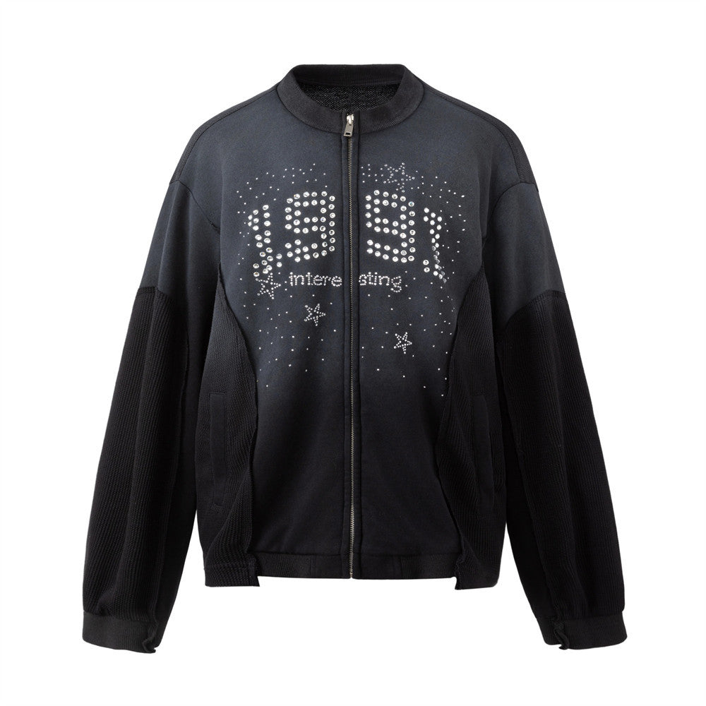 Men's black oversized bomber jacket with rhinestone 1991 number print and mixed waffle-knit texture panels