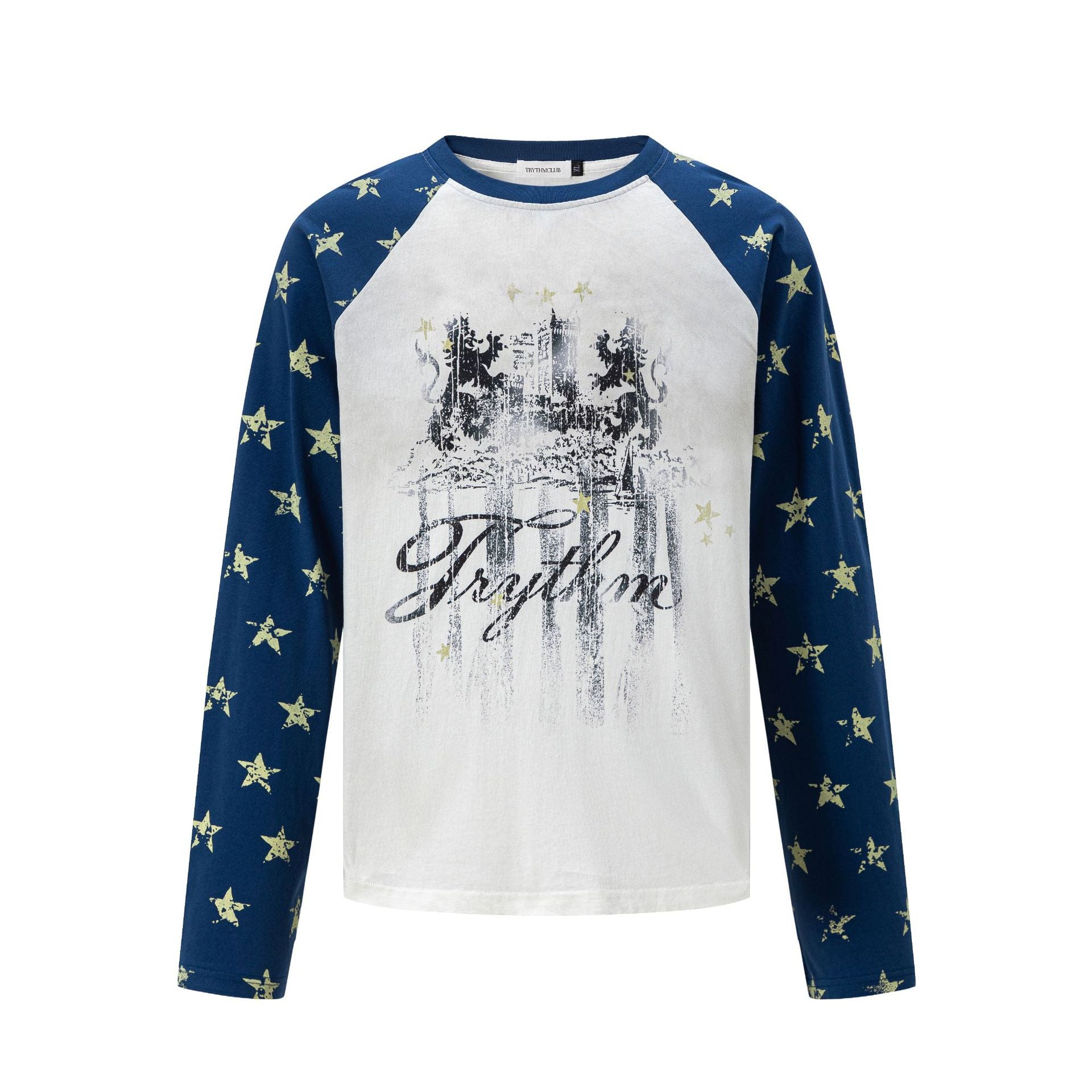 Long sleeve raglan tee with navy star-print sleeves and vintage heraldic crest graphic on off-white body