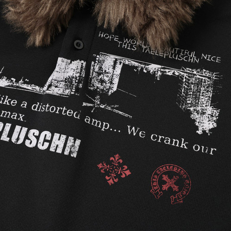 Fur Collar Long Sleeve Polo Shirt – Graphic Print Oversized Streetwear Top