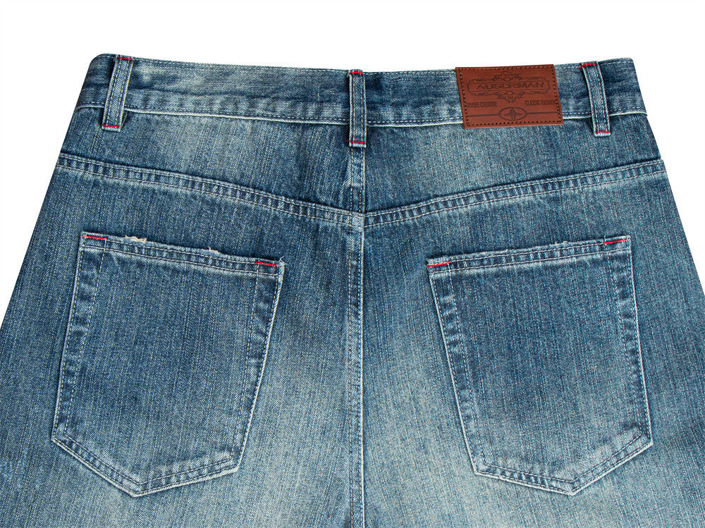 Wide-Leg Distressed Jeans – Men's Washed Blue Baggy Straight Denim
