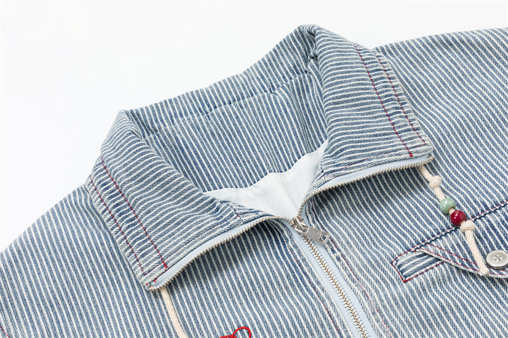 Hickory Stripe Denim Zip Jacket – Men's Workwear-Inspired Drawstring Hem Coat