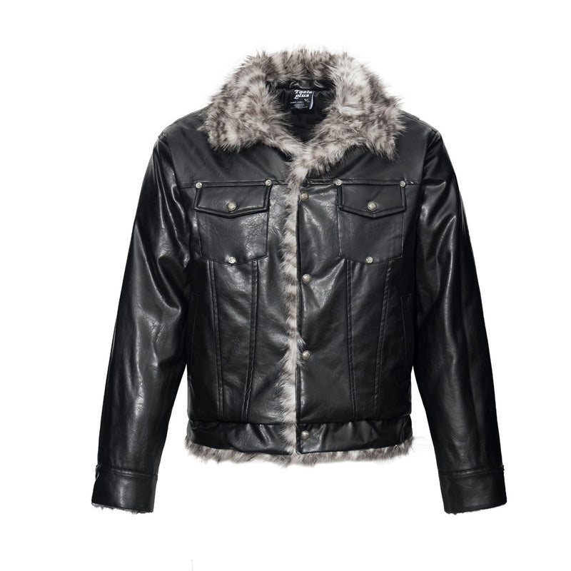 Black Faux Leather Biker Jacket with Faux Fur Collar & Lining