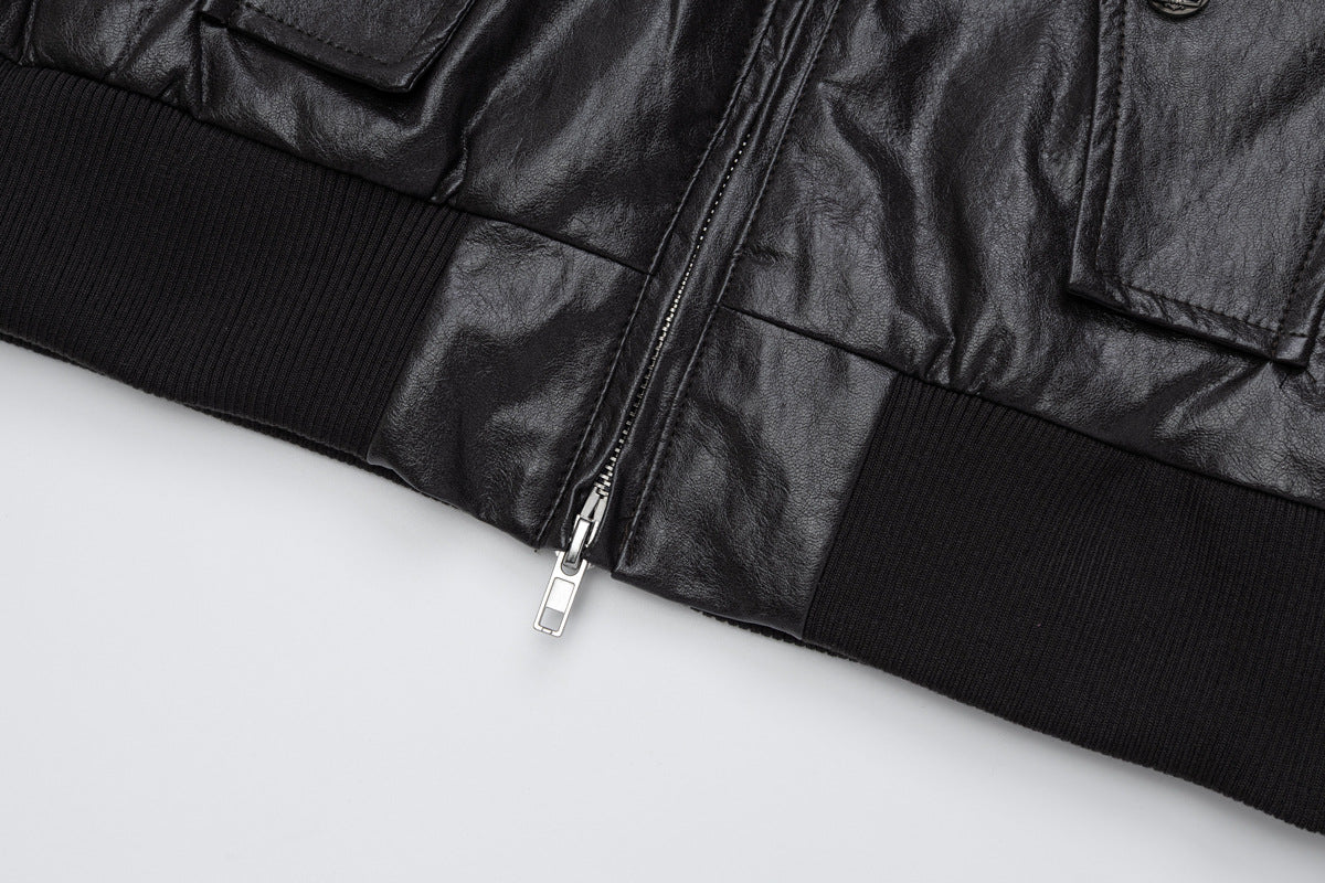 Blouson bomber en similicuir PU brodé – Style vintage racing et flight américain