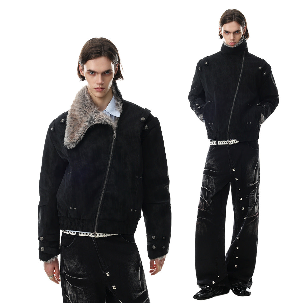 Schwarze Bomberjacke mit Wildlederoptik, Kunstpelzkragen und Wattierung im Biker-Stil