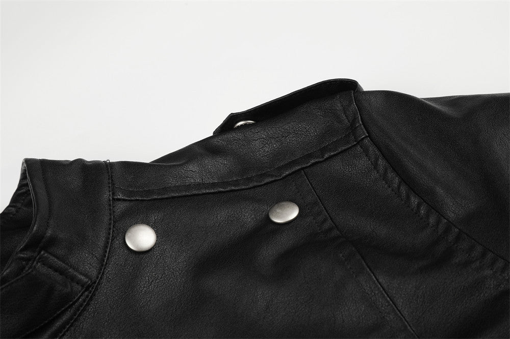 Men's Moto Leather Jacket – Double-Breasted Studded Stand Collar with Zip Cuffs