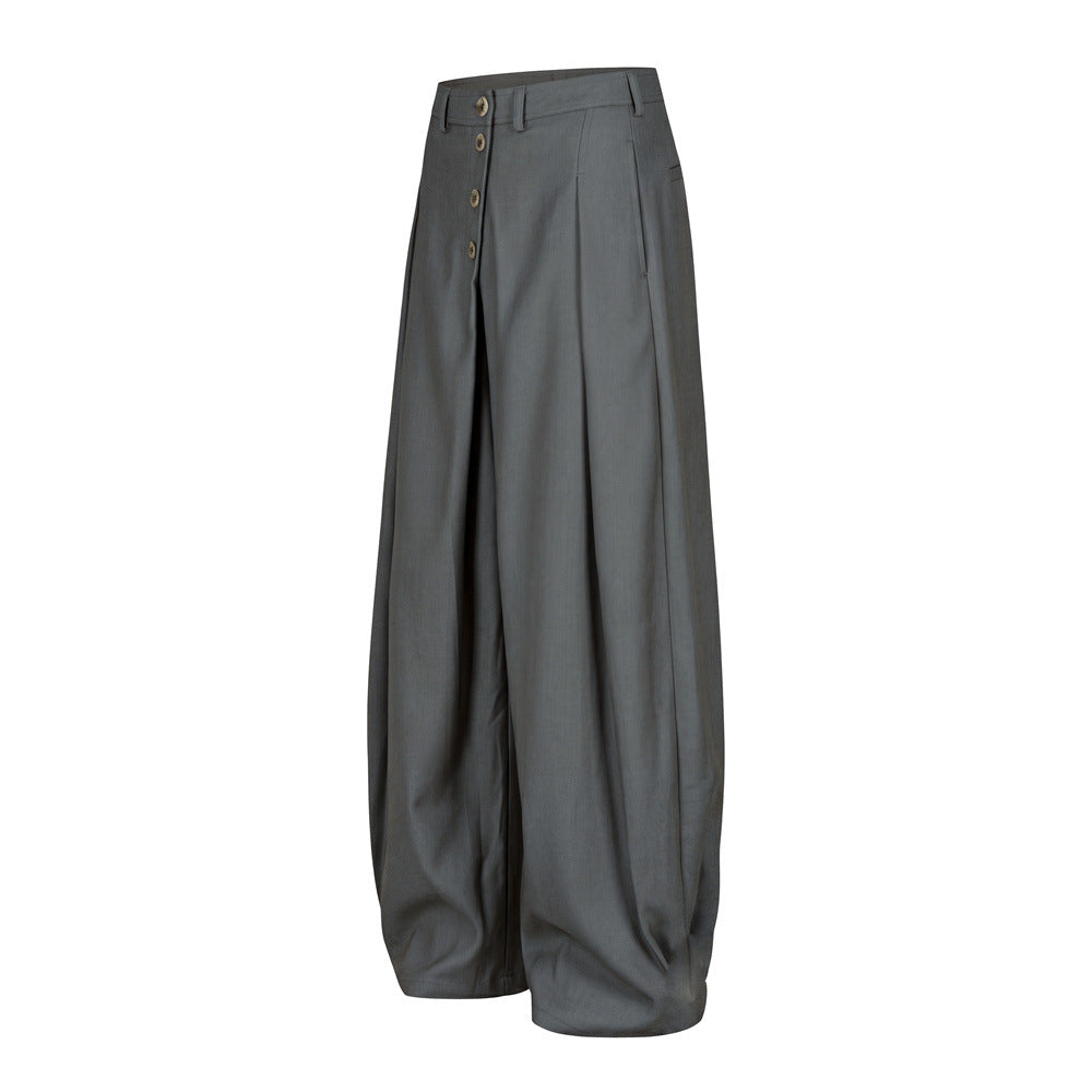Wide-Leg Pleated Trousers – Diagonal Button Fly, Relaxed Silhouette