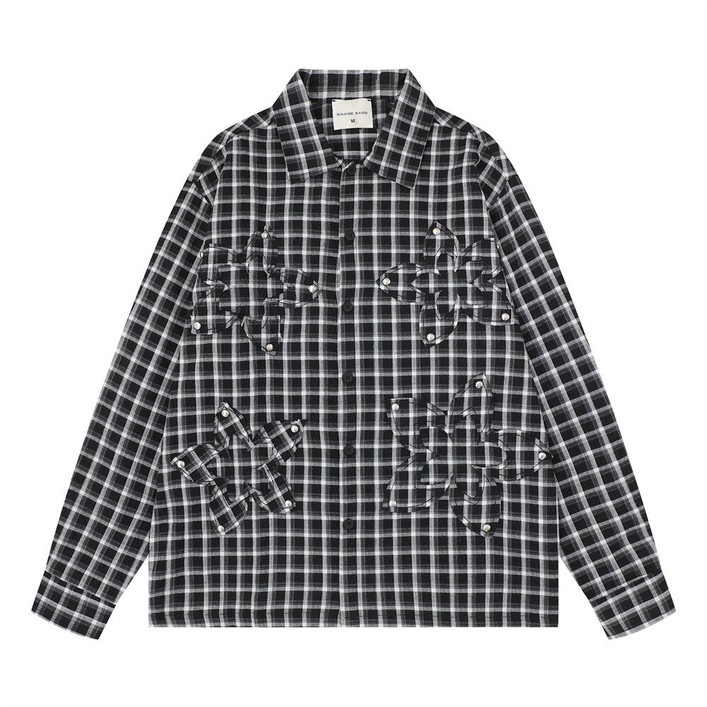 Plaid Long Sleeve Shirt – Oversized Fit with Raw-Edge Appliqué Detail