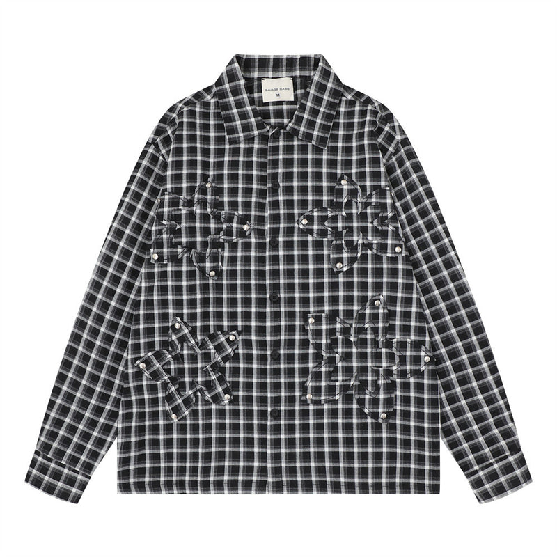 Plaid Long Sleeve Shirt – Oversized Fit with Raw-Edge Appliqué Detail