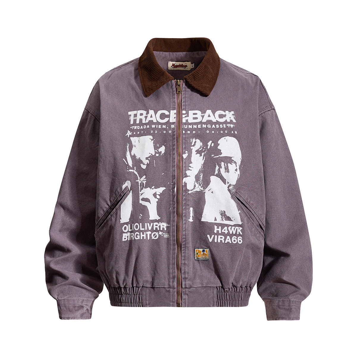 Traceback graphic washed canvas bomber jacket in purple-grey with corduroy collar and screen-printed concert-flyer design, fr