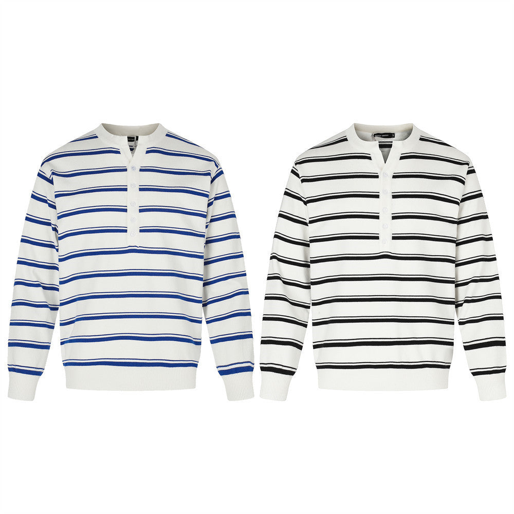 Pull polo homme à manches longues – Maille rayée à col tunisien