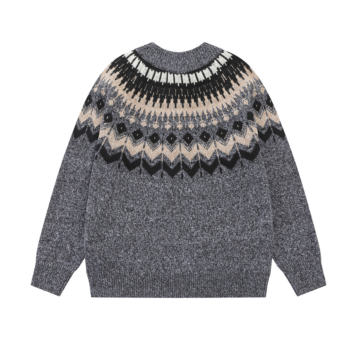 Fair Isle jacquard knit zip-up sweater in charcoal grey with cream and black yoke pattern, half-zip collar, relaxed fit