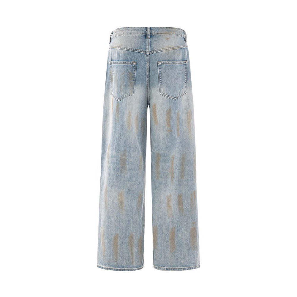 Ripped Wide-Leg Jeans – Men's Mud-Dye Distressed Straight Denim