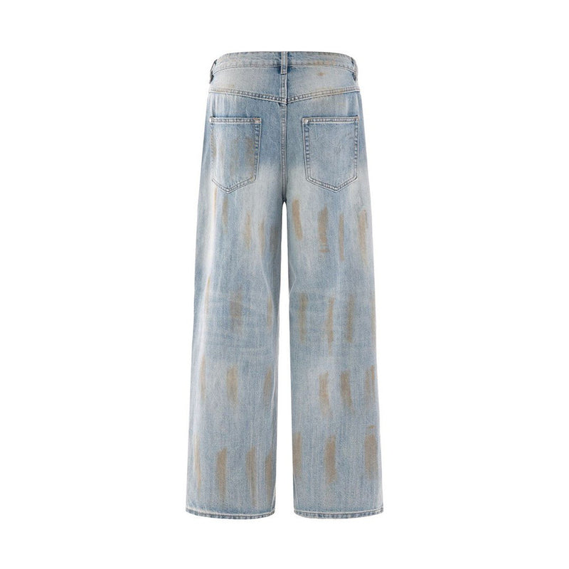 Ripped Wide-Leg Jeans – Men's Mud-Dye Distressed Straight Denim