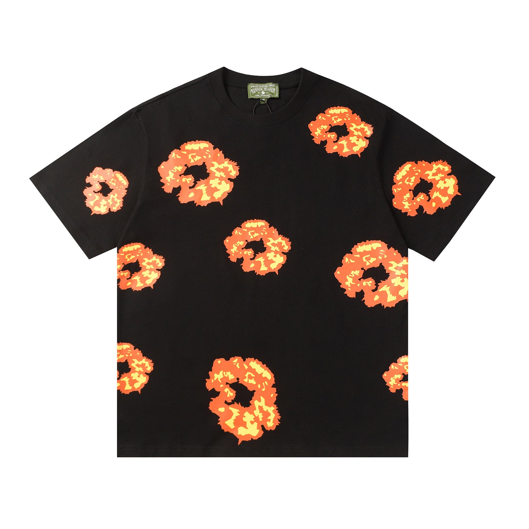 Denim Tears black cotton T-shirt with allover orange and yellow wreath graphic print on front and sleeves