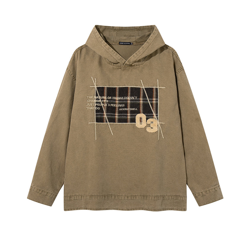 チェック柄パッチ刺繍フーディー ― アシッドウォッシュ vintageストリートウェアプルオーバー