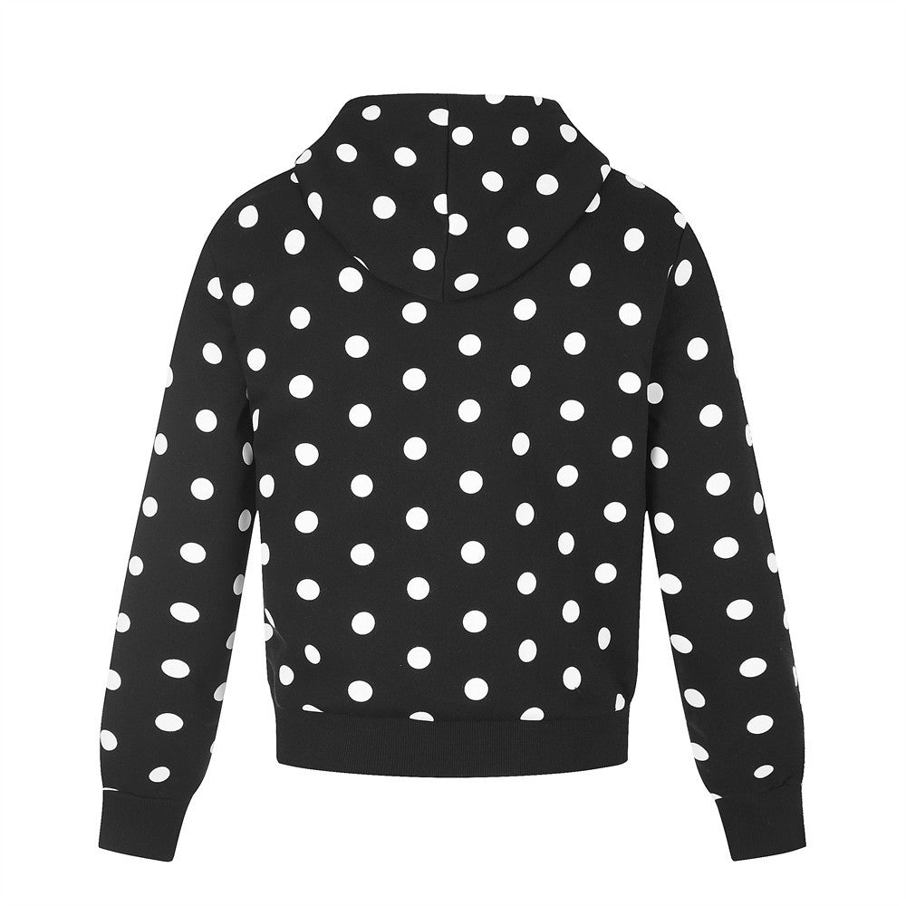 Polka Dot Zip-Up Hoodie with Embroidered Graphic – Cropped Streetwear Sweatshirt