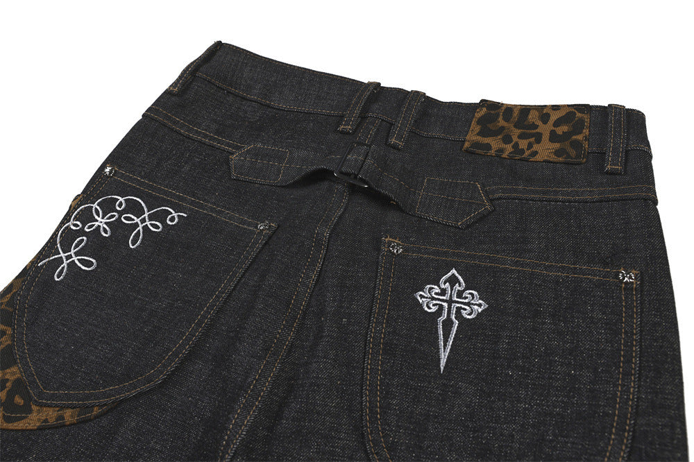 Baggy Black Jeans Men's Wide-Leg Denim with Leopard Print Pockets & Charm Detail