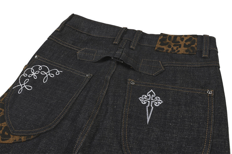 Baggy Black Jeans Men's Wide-Leg Denim with Leopard Print Pockets & Charm Detail