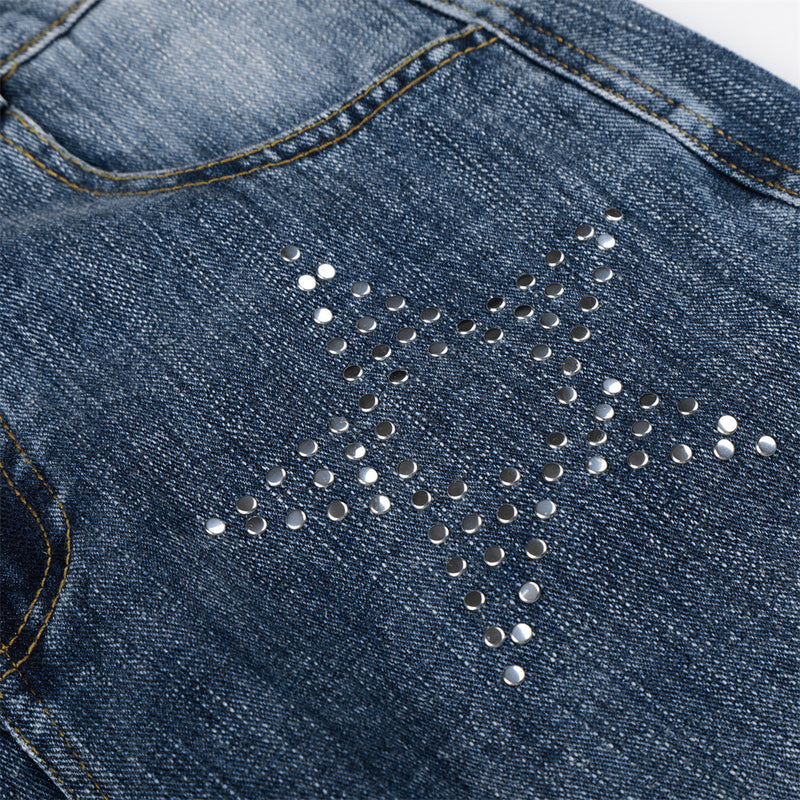 Vintage Washed Wide-Leg Jeans with Star Rhinestone Detail