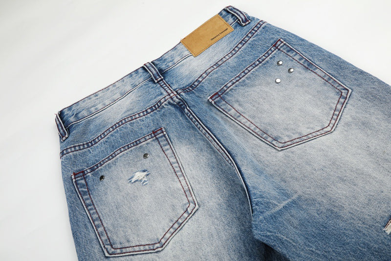 Gradient Washed Distressed Wide-Leg Jeans with Rhinestone Studs