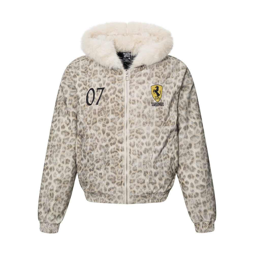 Leopard Print Hooded Bomber Jacket with Faux Fur Trim